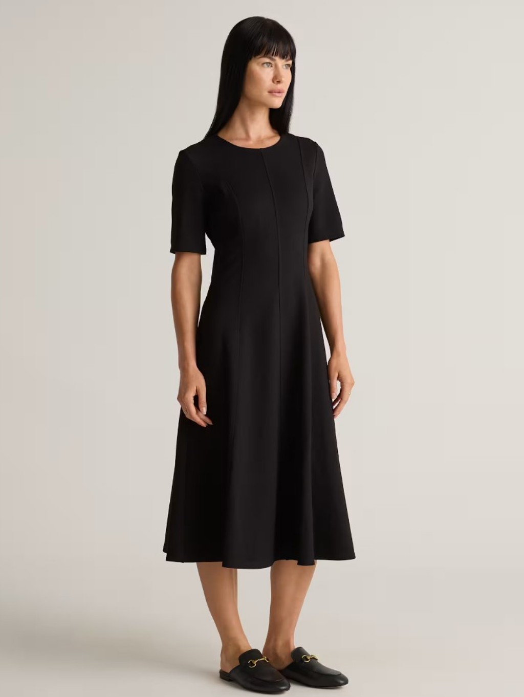 Quince Black Ultra-Stretch Ponte Short Sleeve Midi Dress M Medium